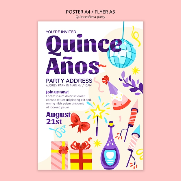 Free PSD flat design quinceañera party poster template