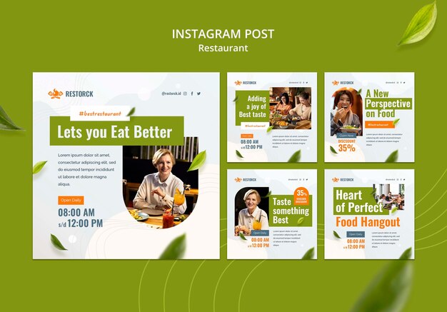 Flat design restaurant instagram posts template