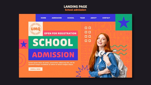 Free PSD flat design school admission landing page