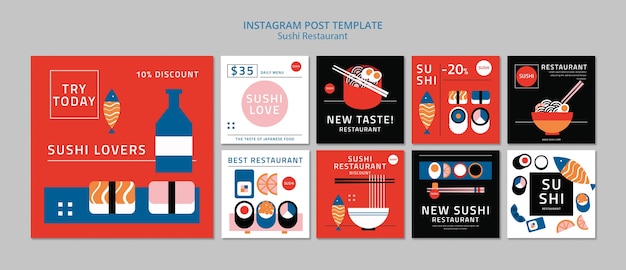 Free PSD flat design sushi restaurant instagram posts