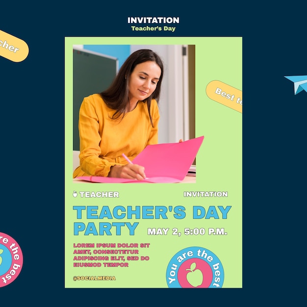 Flat design teacher's day invitation template