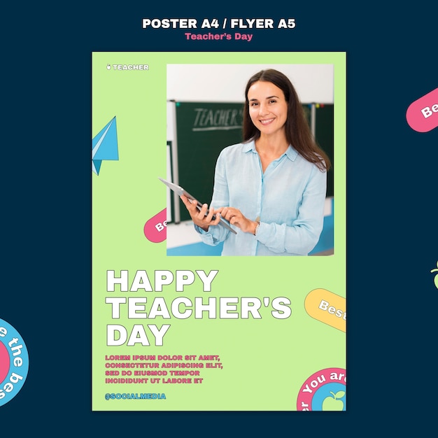 Free PSD flat design teacher's day poster template