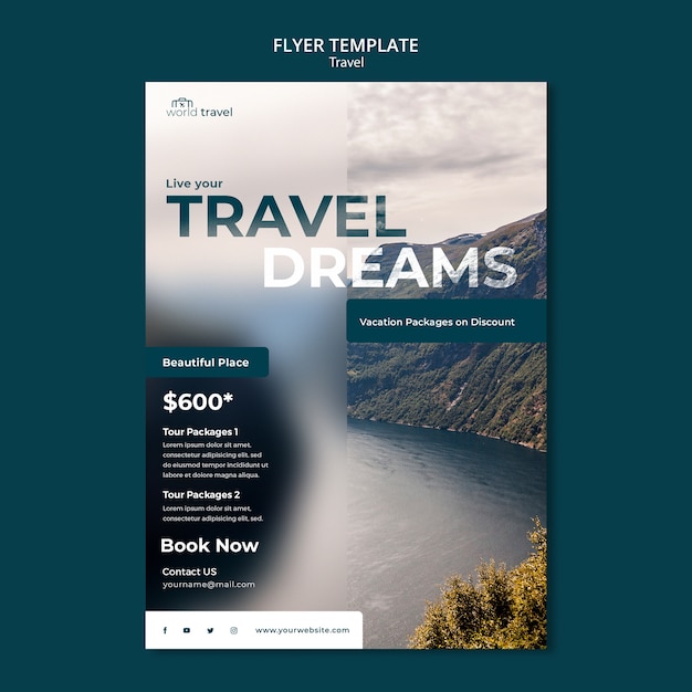 Free PSD flat design travel template of flyer