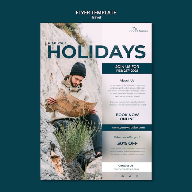 Free PSD flat design travel template of flyer