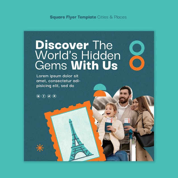 Free PSD flat design traveling adventure square flyer