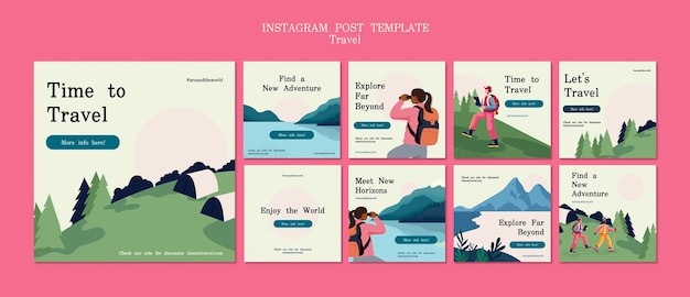 Free PSD flat design traveling instagram post set