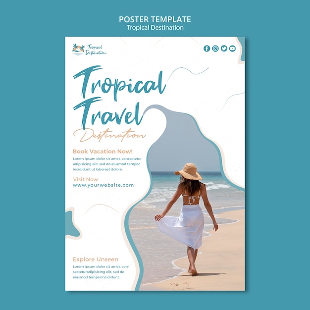 Flat design tropical destination poster design template