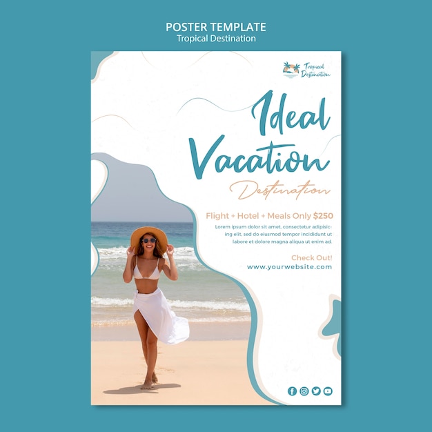 Flat design tropical destination poster design template