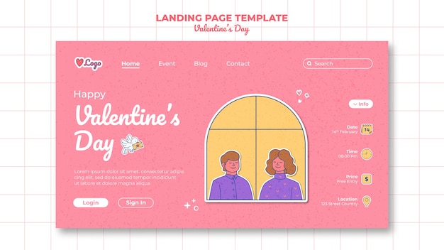 Free PSD flat design valentine's day landing page template