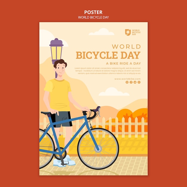 Free PSD flat design world bicycle day poster template