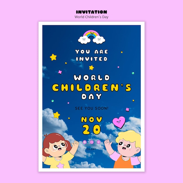 Free PSD flat design world children's day invitation