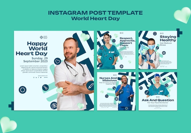 Free PSD flat design world heart day instagram posts