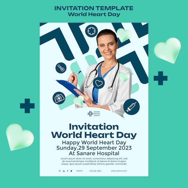 Free PSD flat design world heart day invitation template