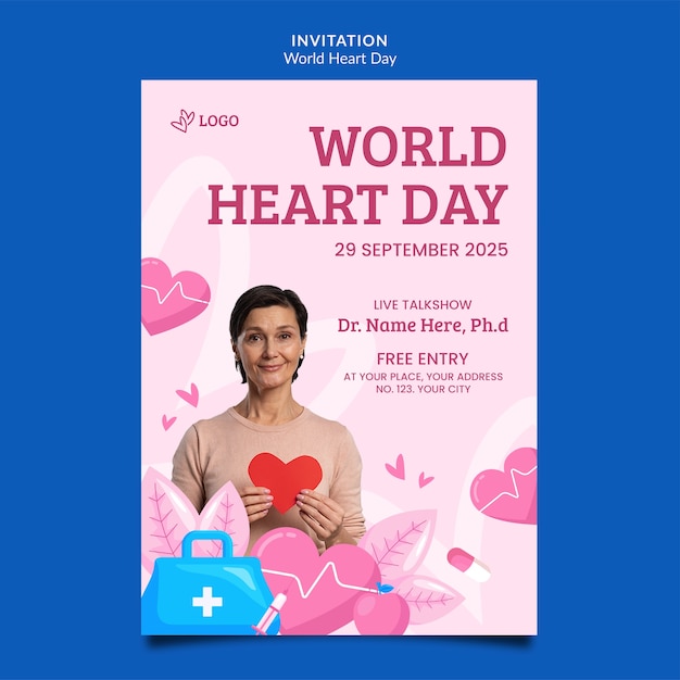 Flat design world heart day invitation template