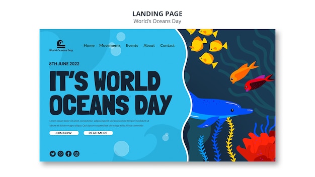 Free PSD flat design world oceans day landing page template