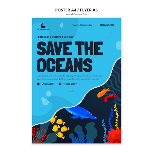 Free PSD flat design world oceans day poster template