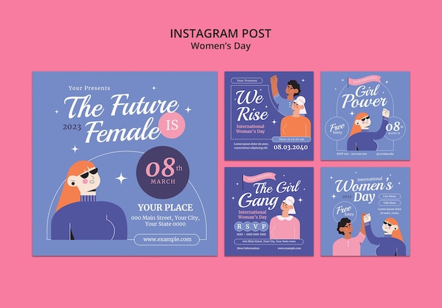 Free PSD flat instagram posts collection for women's day celebration