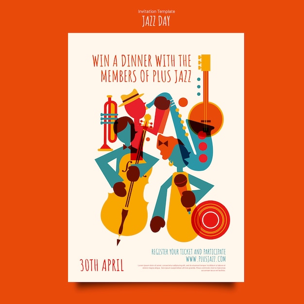 Free PSD flat jazz day invitation template