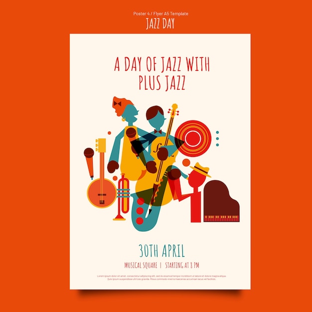 Free PSD flat jazz day poster flyer template