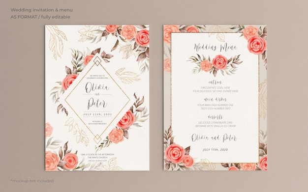 Floral wedding invitation and menu template with soft nature