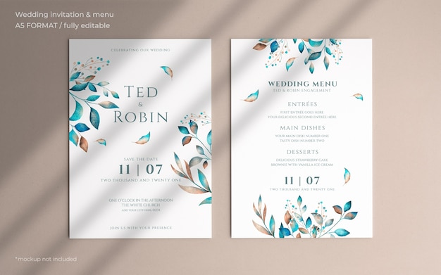 Free PSD floral wedding invitation and menu template