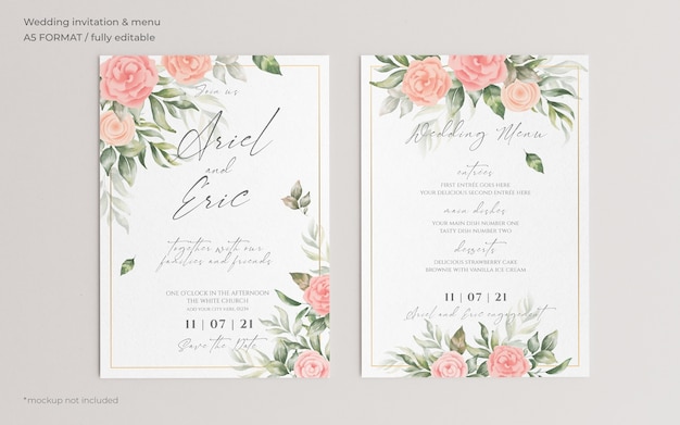 Floral wedding invitation and menu template