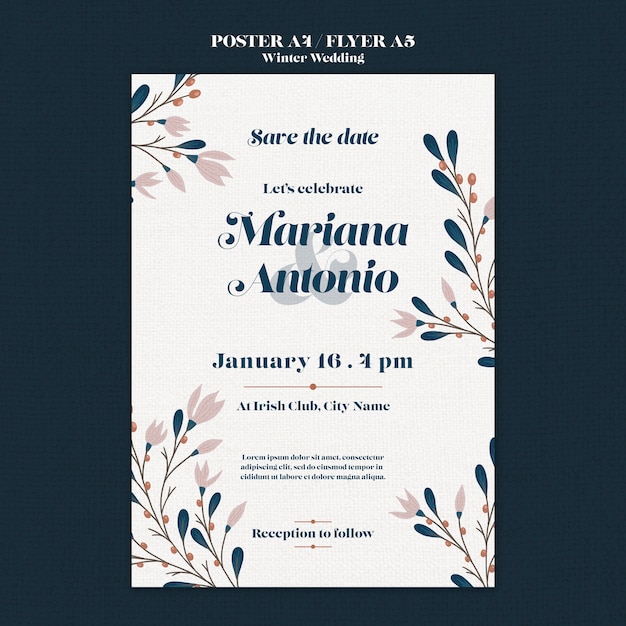 Free PSD floral winter wedding vertical poster template