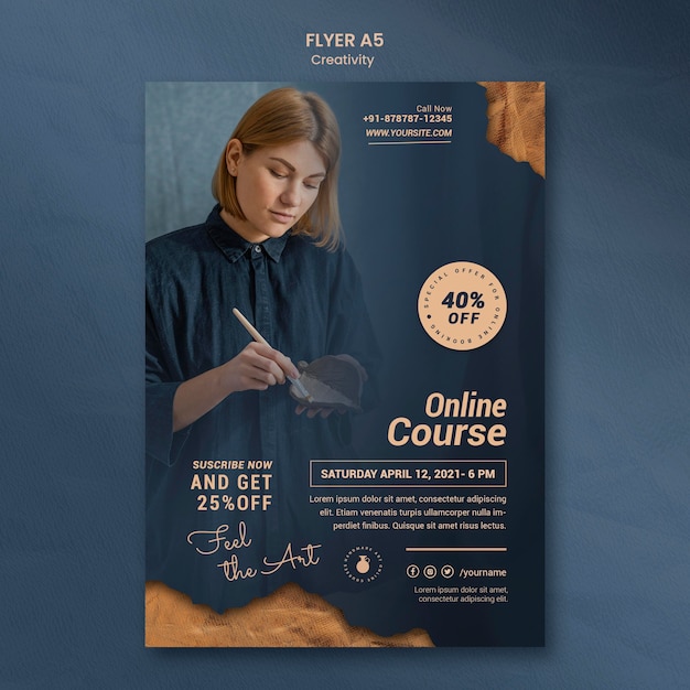 Free PSD flyer template for creative pottery workshop with woman