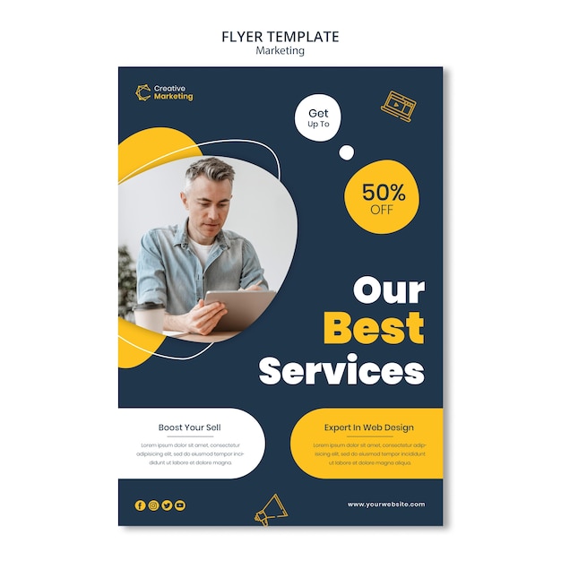 Flyer template design with man looking on digital tablet