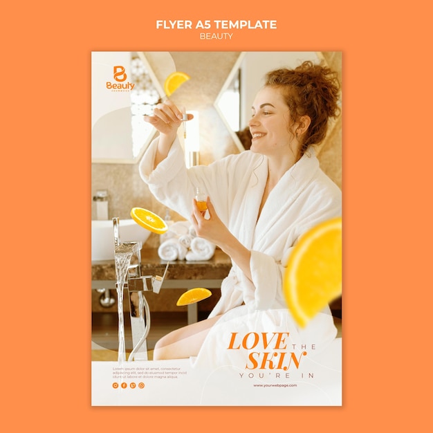 Free PSD flyer template for home spa skincare with woman and orange slices