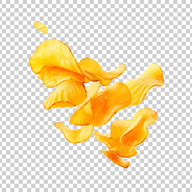 Free PSD flying and falling crispy potato chips on a transparent background