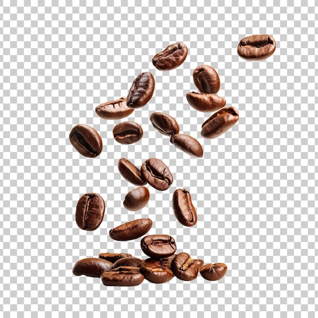 Flying and falling fresh coffee beans on a transparent background