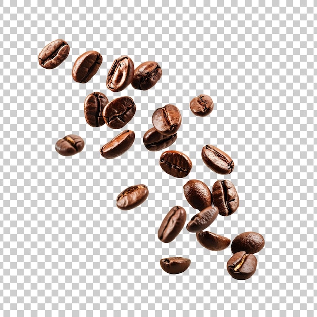 Flying and falling fresh coffee beans on a transparent background