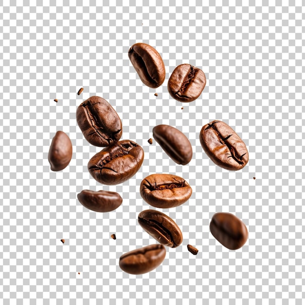 Flying and falling fresh coffee beans on a transparent background