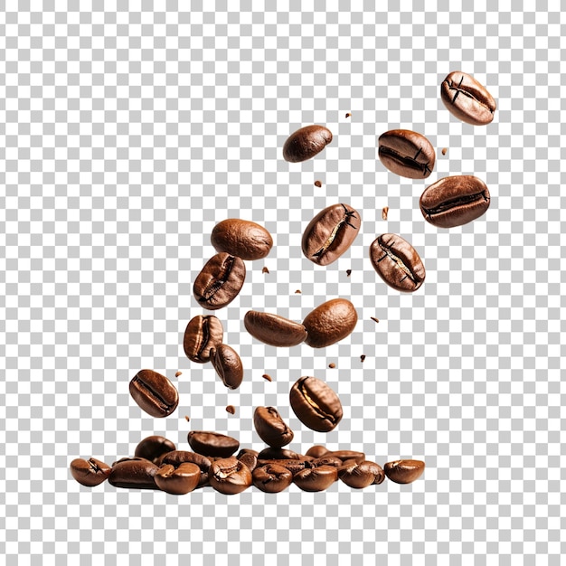 Flying and falling fresh coffee beans on a transparent background