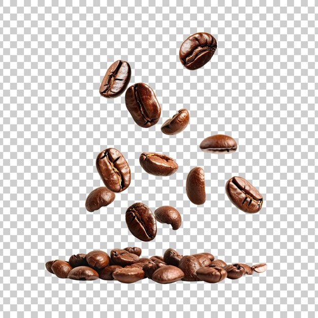 Flying and falling fresh coffee beans on a transparent background