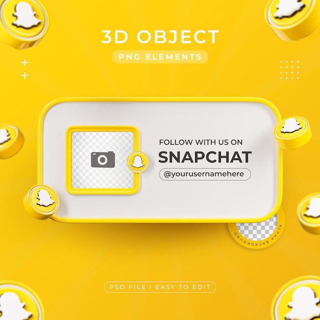 Free PSD follow with us on snapchat profile social media 3d render isolated for composition