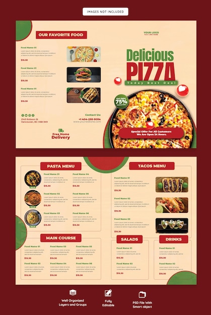 Free PSD food menu and delicious pizza bifold brochure template