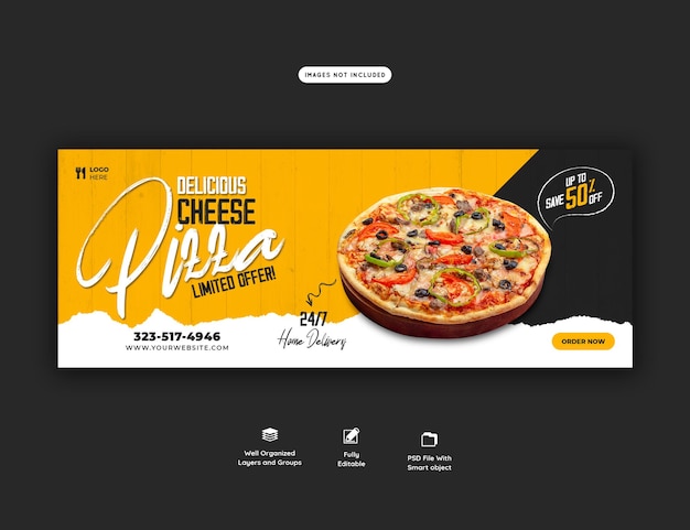 Food menu and delicious pizza facebook cover banner template