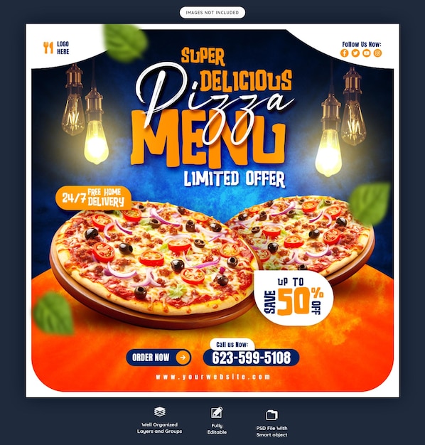 Free PSD food menu and delicious pizza social media banner or instagram post template