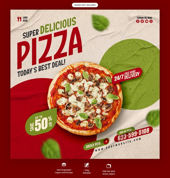 Free PSD food menu and delicious pizza social media banner or instagram post template