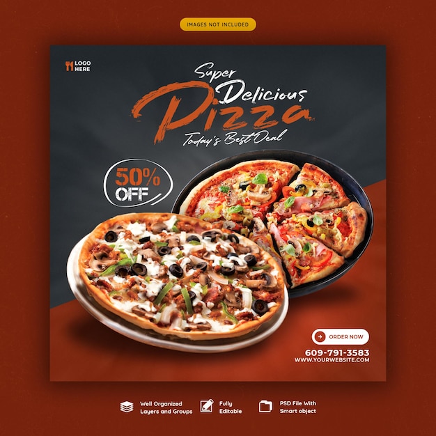 Food menu and delicious pizza social media banner template