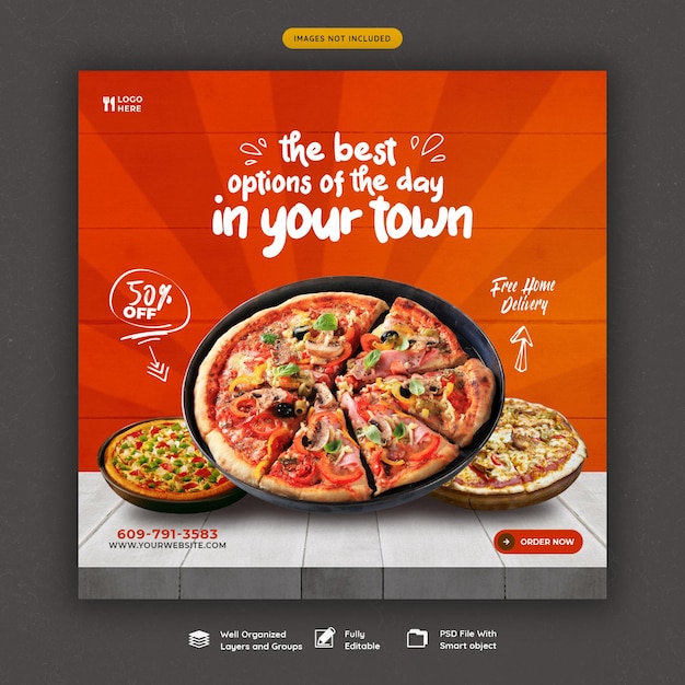 Food menu and delicious pizza social media banner template