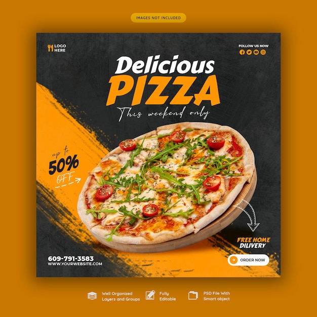 Food menu and delicious pizza social media banner template