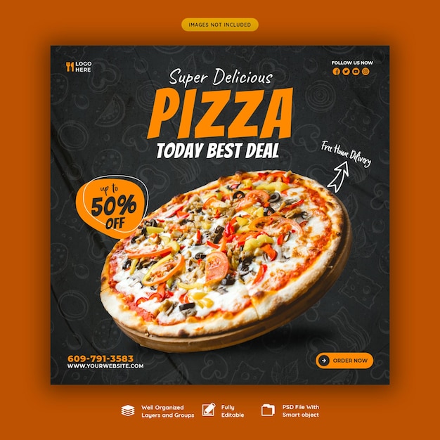 Food menu and delicious pizza social media banner template