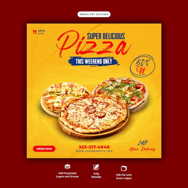 Food menu and delicious pizza social media banner template