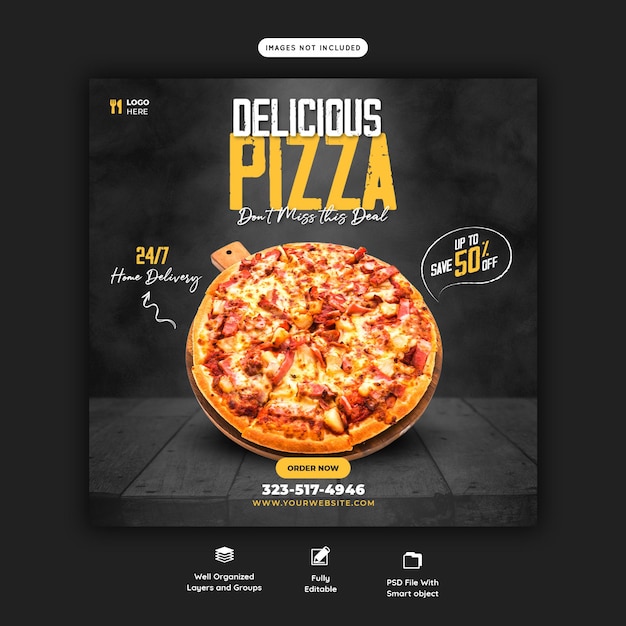 Food menu and delicious pizza social media banner template