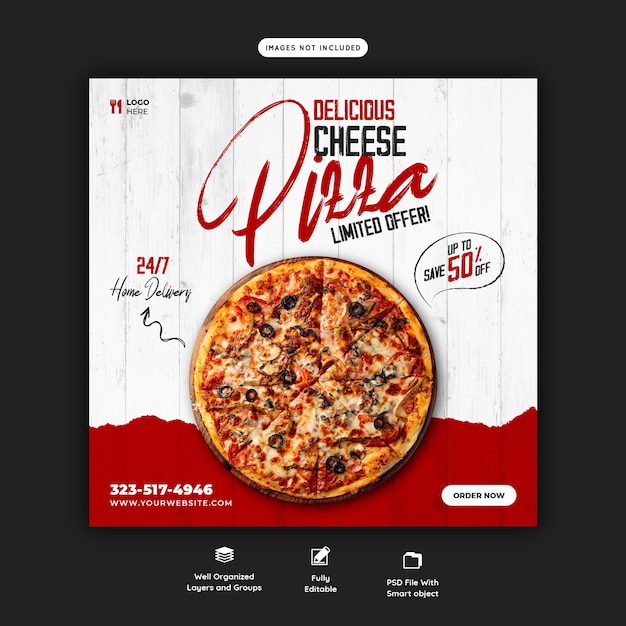 Food menu and delicious pizza social media banner template