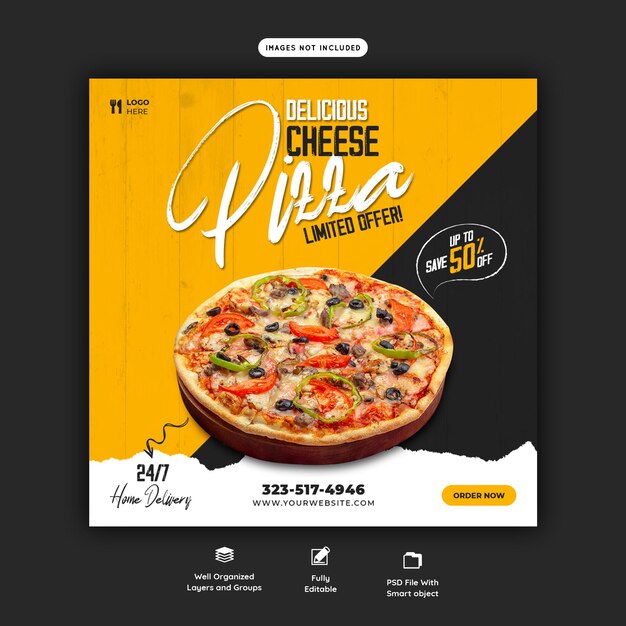 Food menu and delicious pizza social media banner template