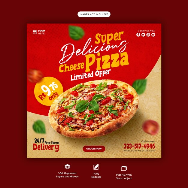 Food menu and delicious pizza social media banner template